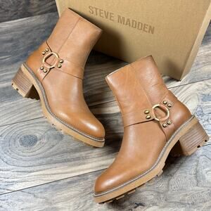 Steve Madden Cordelia 8.5M Cognac Leather Block Heel Harness Biker Ankle Boot
